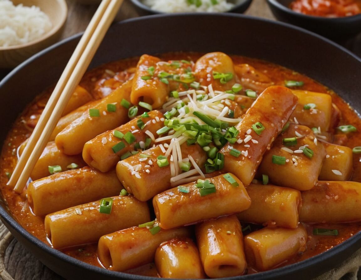 Anrichten: Mit Sesam und Frühlingszwiebeln garnieren  - Koreanische Tteokbokki: Rezept für scharfe Reiskuchen