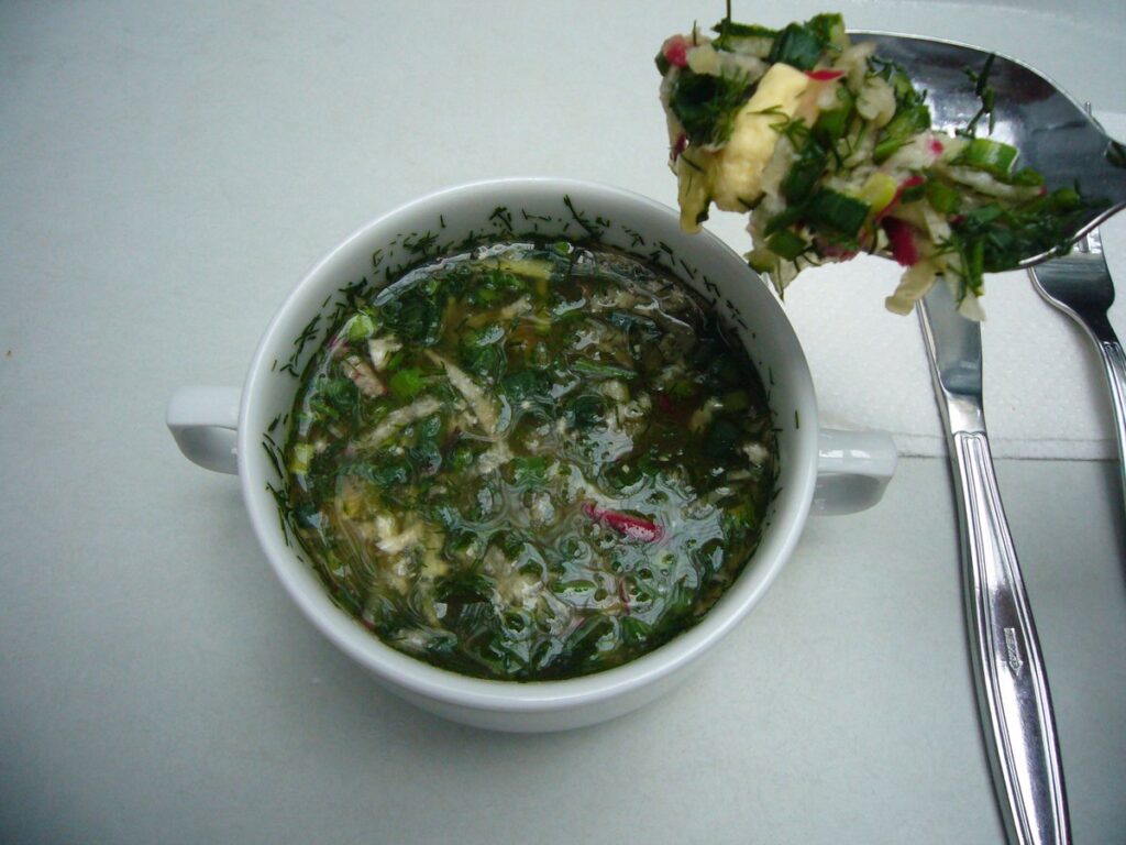 Kalte Okroschka-Suppe mit Gemüse und Ei in einer Schüssel