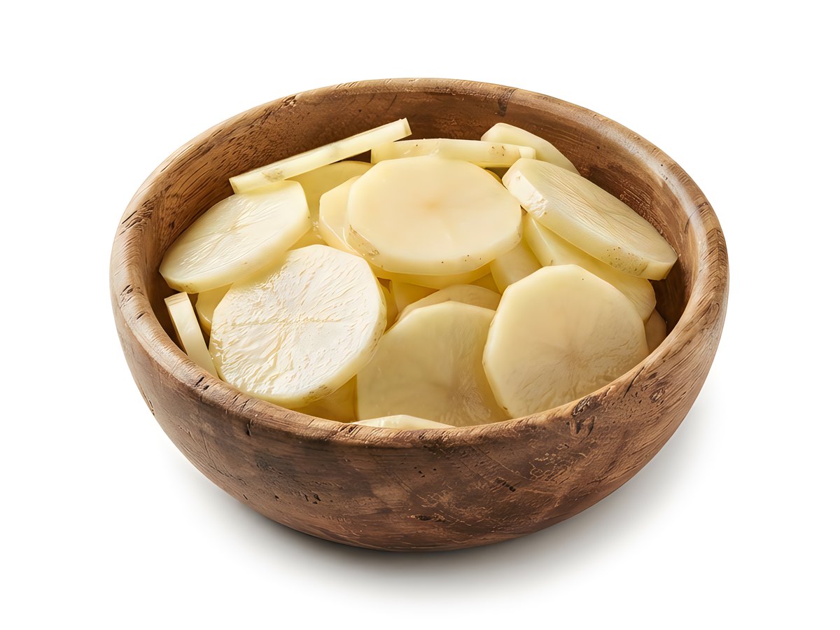 Rohe Kartoffelscheiben in einer Holzschale