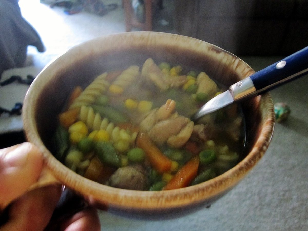 Dampfende Hühnersuppe mit Gemüse und Nudeln in einer Schale