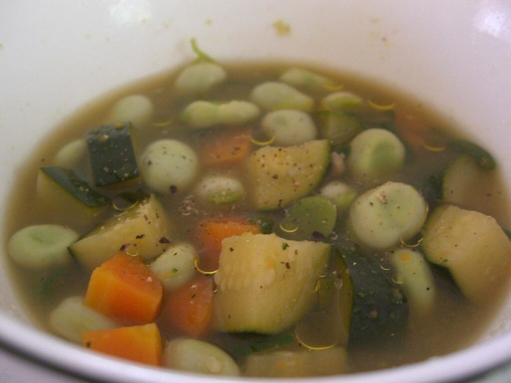 Spring Vegetable Minestrone with broadbeans, zucchini, carrot