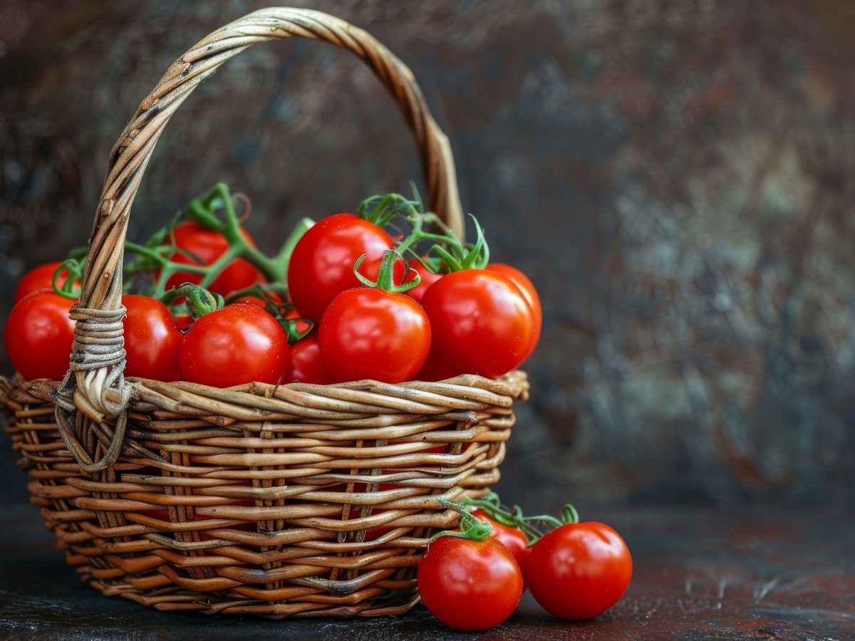 Frische rote Tomaten in einem Weidenkorb